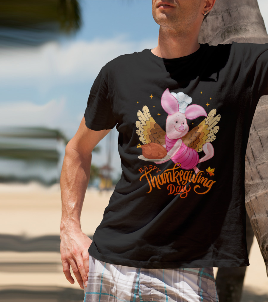 Happy Thanksgiving Day Piglet Chef With Turkey And Wings T-Shirt