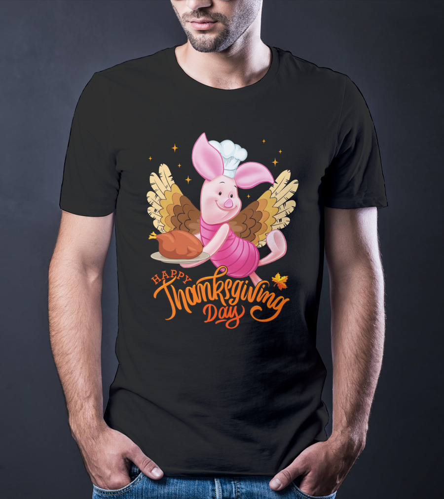 Happy Thanksgiving Day Piglet Chef With Turkey And Wings T-Shirt