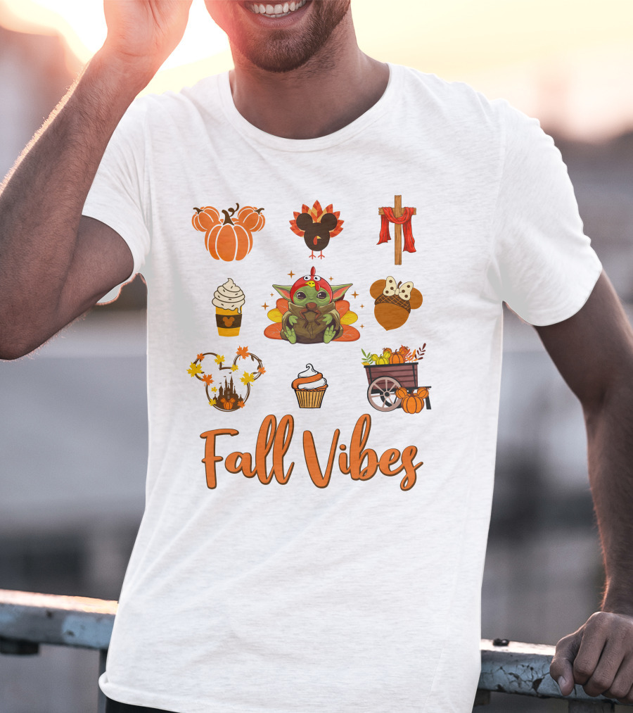 Fall Vibes Baby Yoda Pumpkin And Thanksgiving Elements T-Shirt