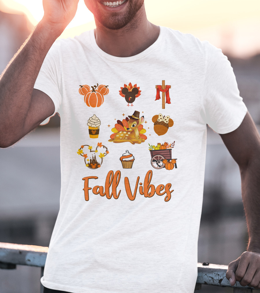 Fall Vibes Bambi Pumpkin Coffee Castle Mickey Ears Thanksgiving T-Shirt