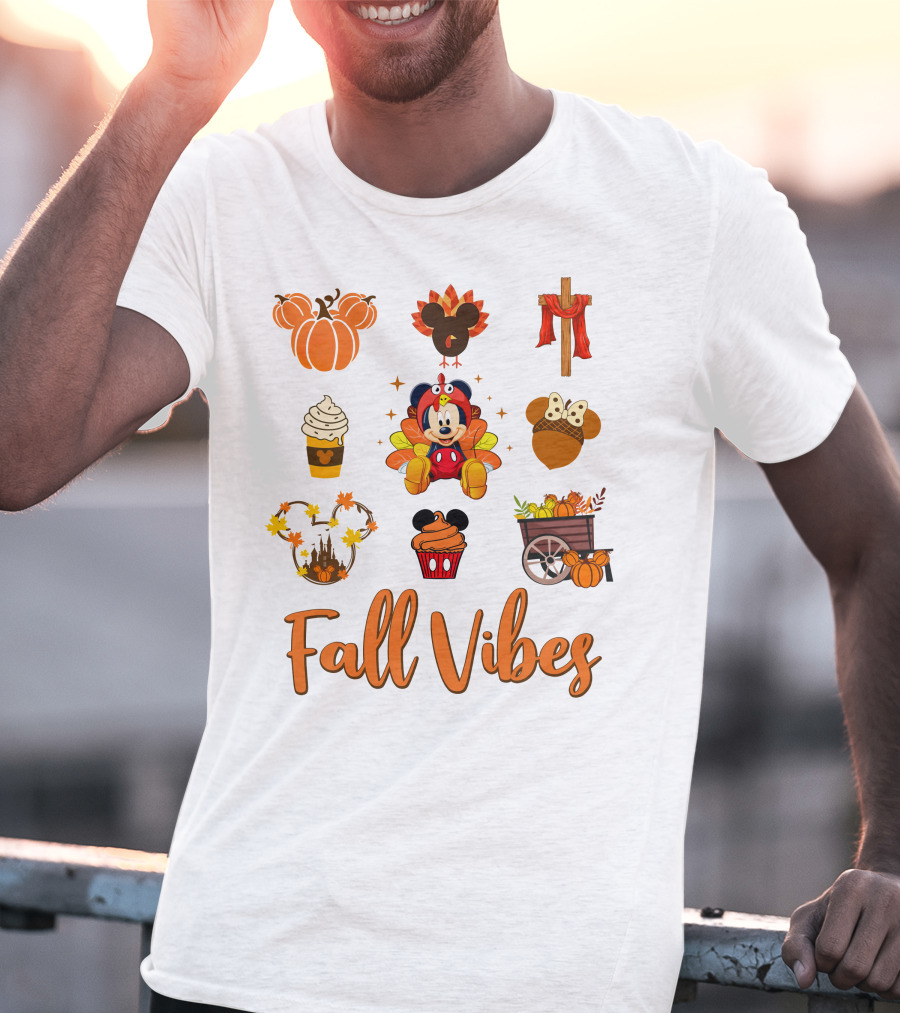 Fall Vibes Mickey Pumpkin Mouse Ears Thanksgiving Cupcake Harvest Decor T-Shirt