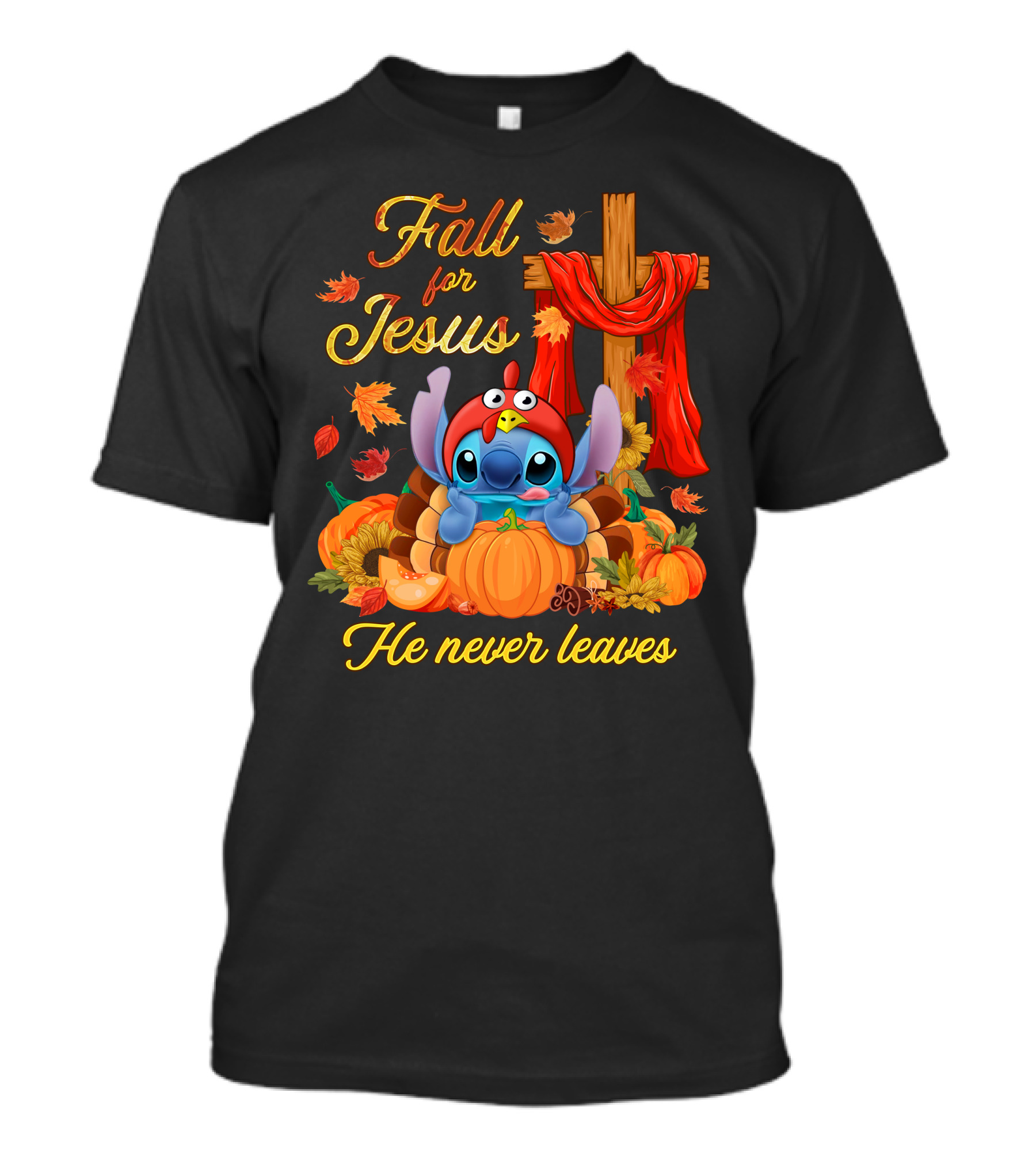 Fall For Jesus He Never Leaves Stitch Pumpkin Cross Autumn T-Shirt