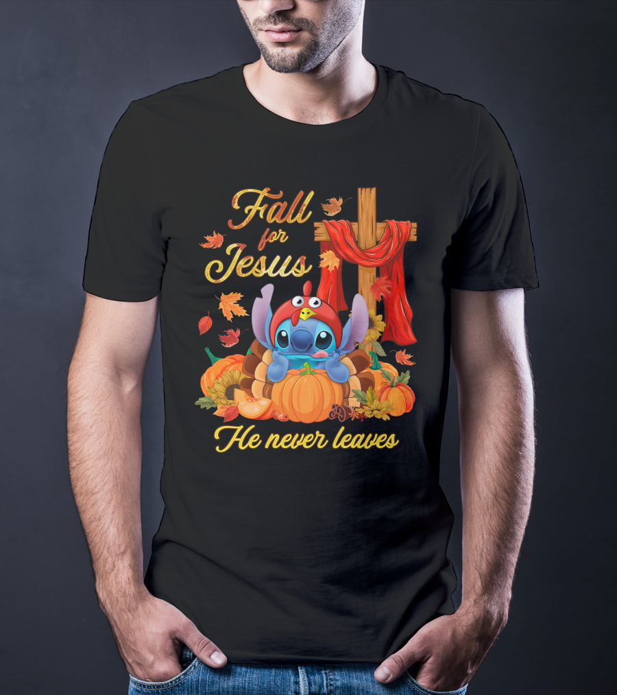 Fall For Jesus He Never Leaves Stitch Pumpkin Cross Autumn T-Shirt
