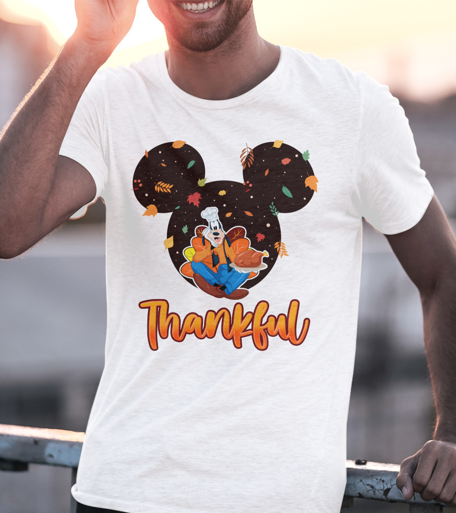 Thankful Goofy Chef With Turkey And Autumn Leaves Mickey Ears T-Shirt