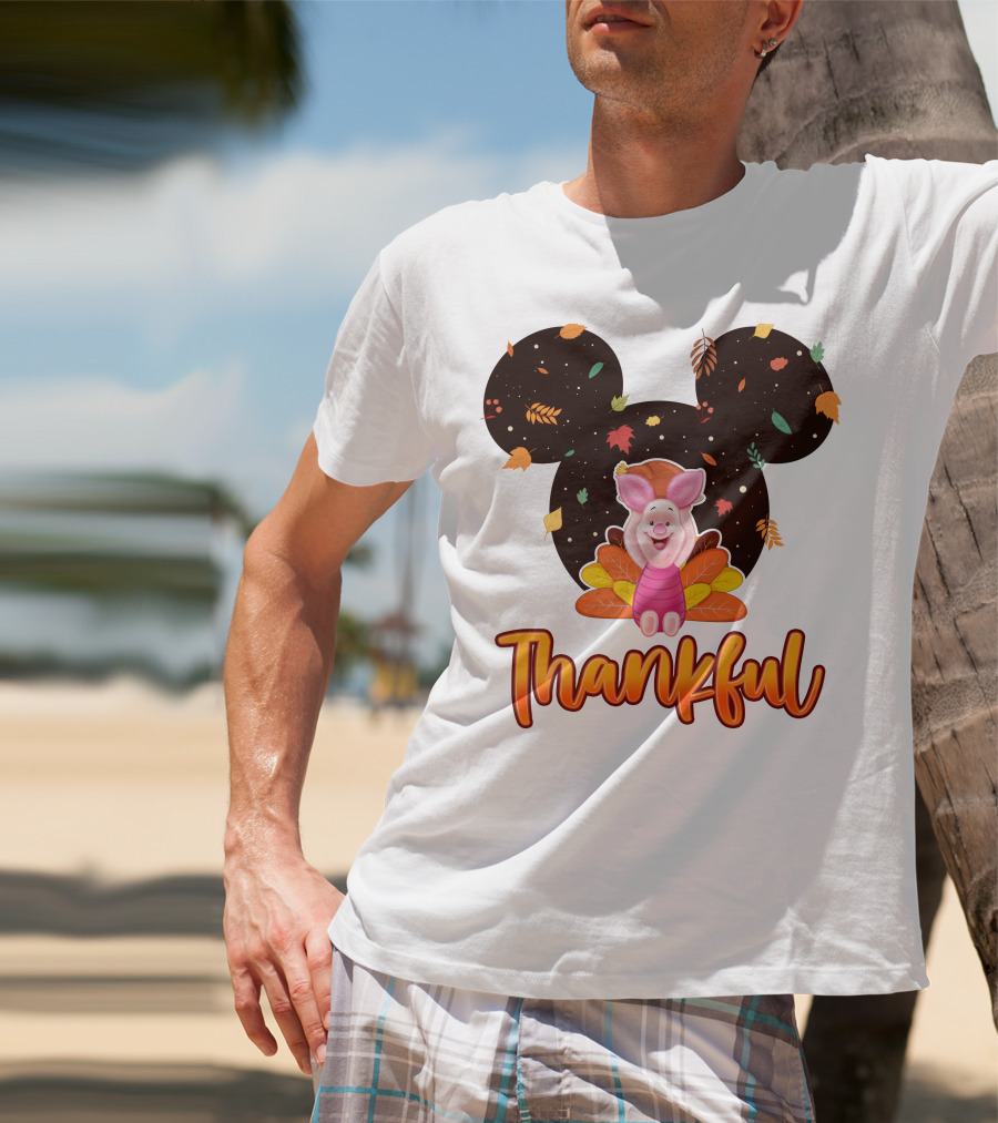 Thankful Piglet With Mickey Ears And Autumn Leaves T-Shirt