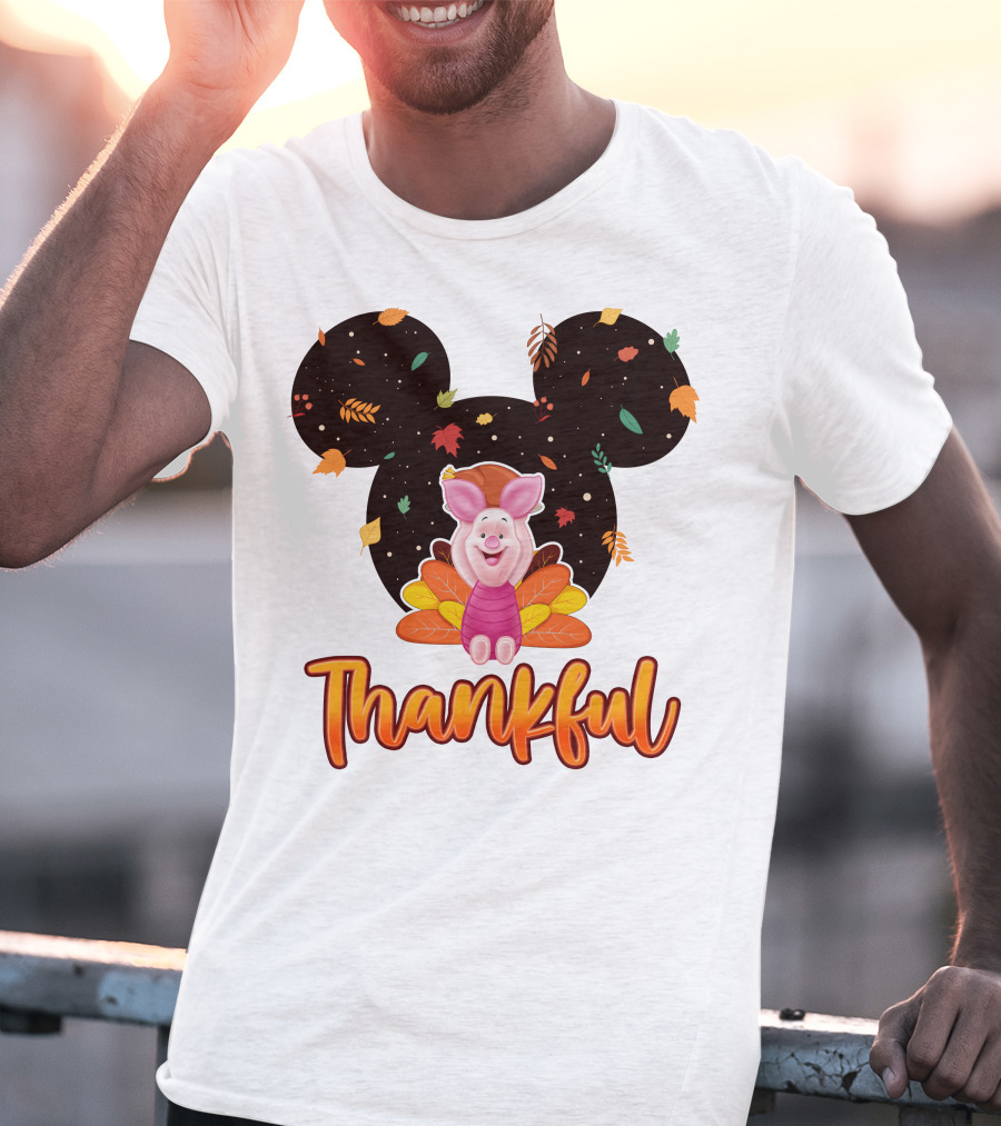 Thankful Piglet With Mickey Ears And Autumn Leaves T-Shirt