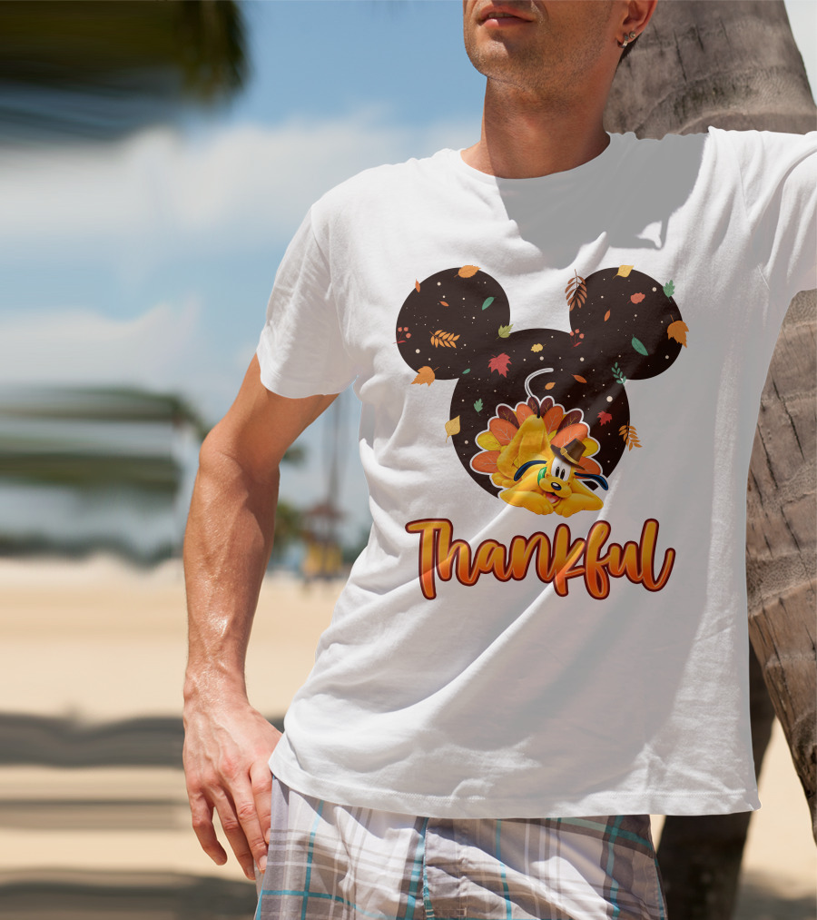 Thankful Pluto In Autumn Leaves Mickey Ears T-Shirt