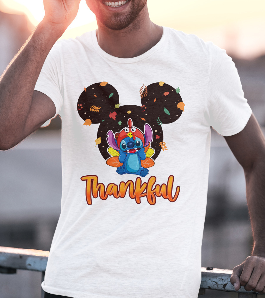 Thankful Stitch Thanksgiving Mickey Ears Autumn Leaves T-Shirt