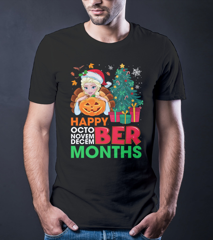 Happy Octo Novem Decem Ber Months Elsa Santa Hat Pumpkin Christmas Tree Presents T-Shirt