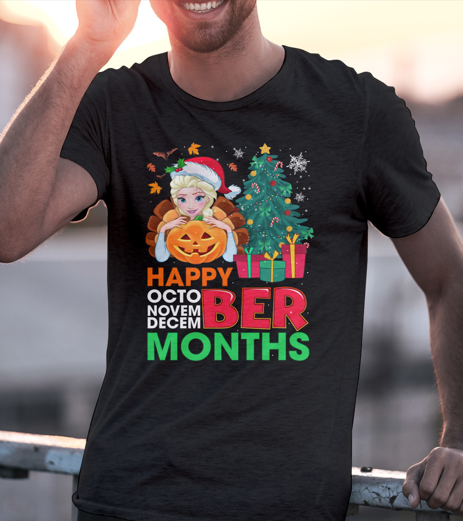 Happy Octo Novem Decem Ber Months Elsa Santa Hat Pumpkin Christmas Tree Presents T-Shirt