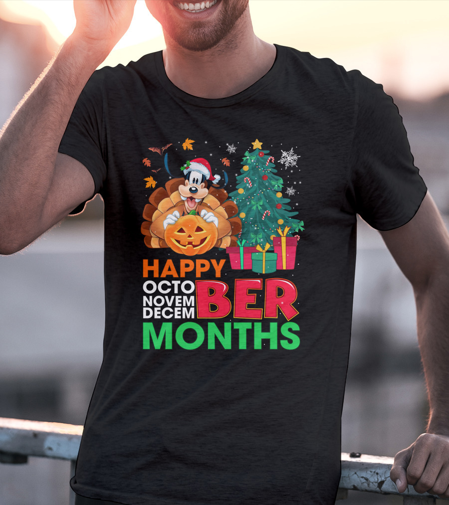 Happy Octo Novem Decem Ber Months Goofy Pumpkin Christmas Tree T-Shirt