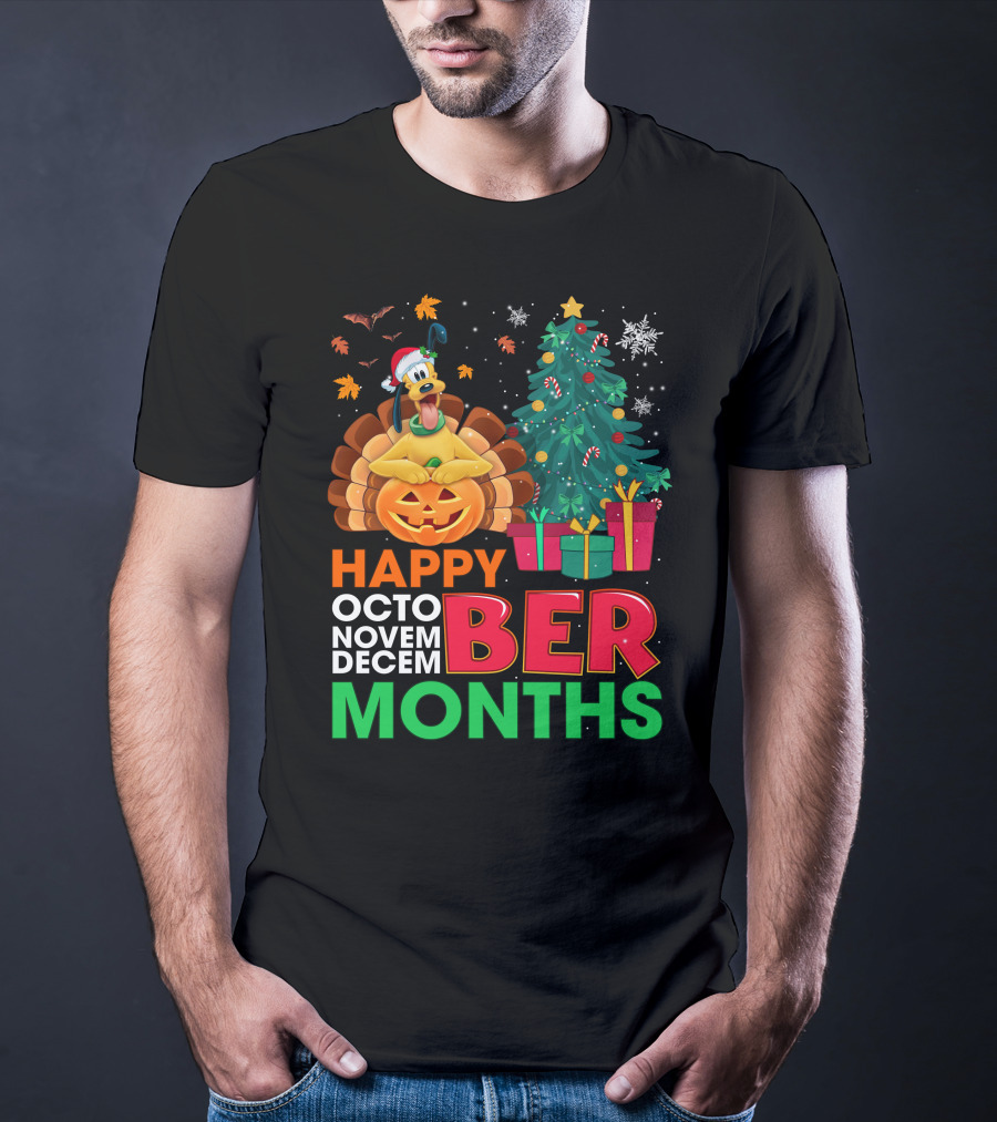 Happy Octo Novem Decem Ber Months Pluto Turkey Pumpkin Christmas Tree Presents T-Shirt
