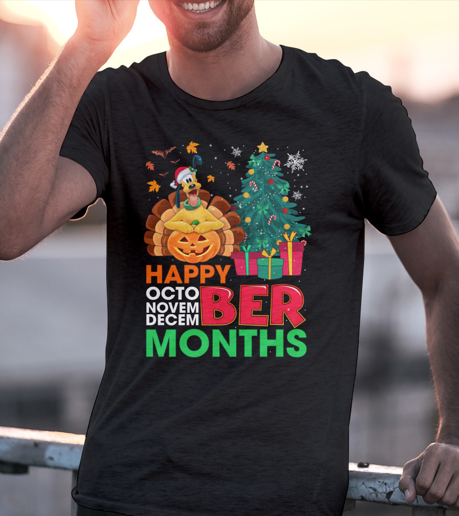 Happy Octo Novem Decem Ber Months Pluto Turkey Pumpkin Christmas Tree Presents T-Shirt