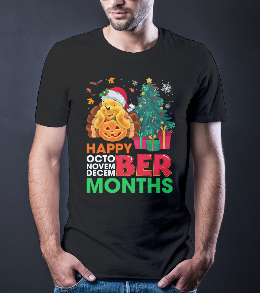 Happy Octo Novem Decem Ber Months Pooh Santa Hat Pumpkin Christmas Tree Gifts Snowflakes T-Shirt