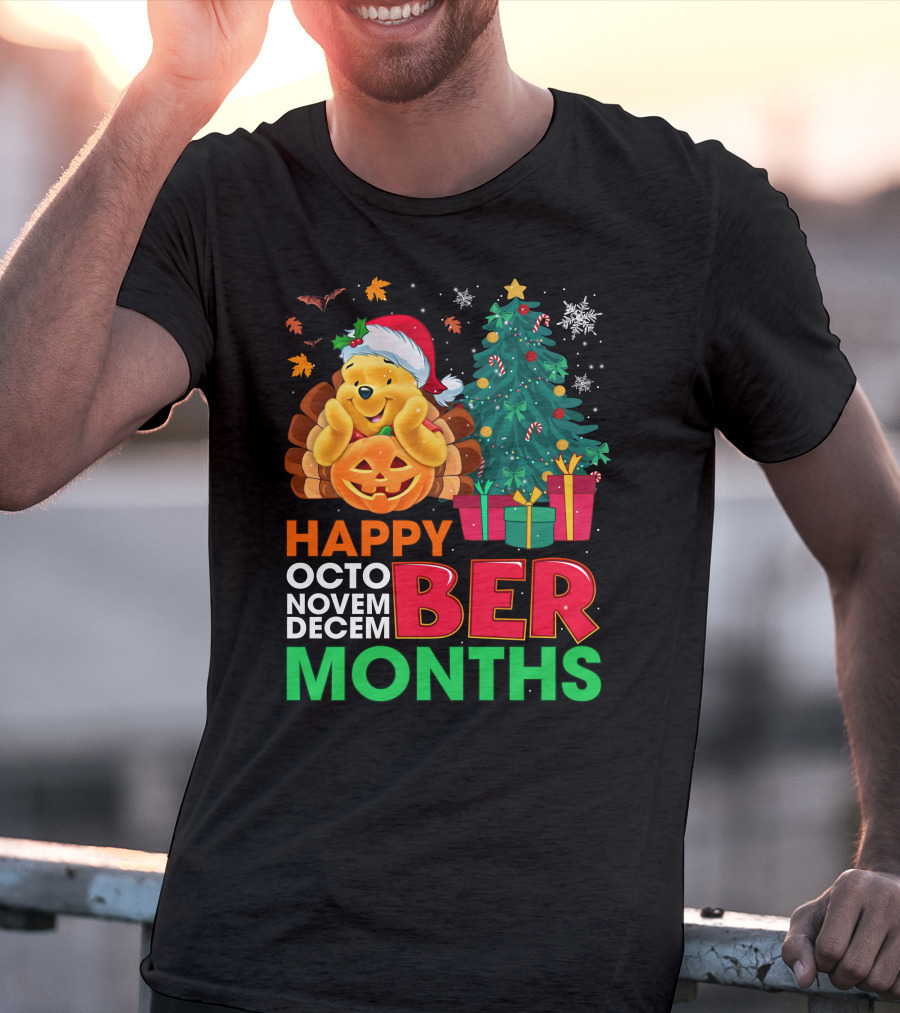 Happy Octo Novem Decem Ber Months Pooh Santa Hat Pumpkin Christmas Tree Gifts Snowflakes T-Shirt