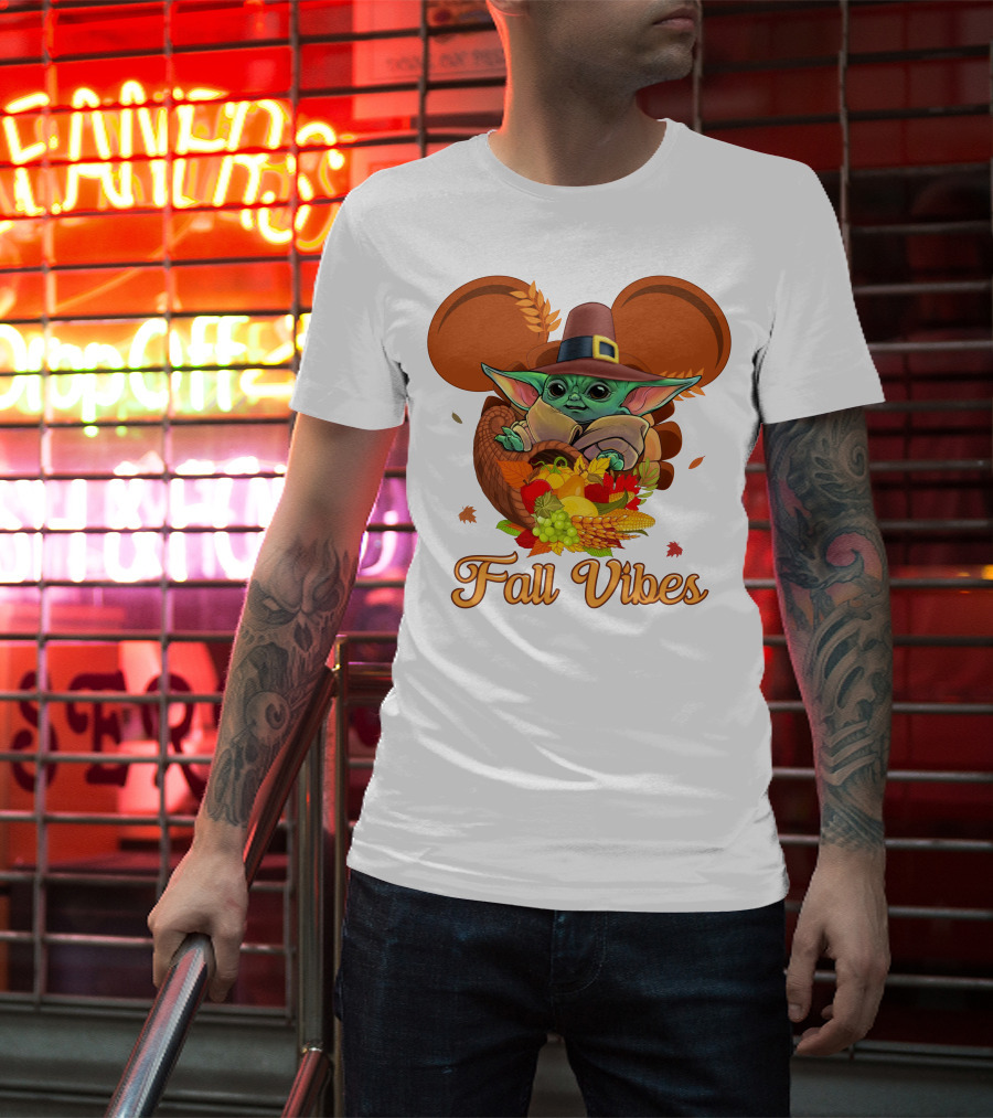 Fall Vibes Baby Yoda Mickey Ears Cornucopia T-Shirt