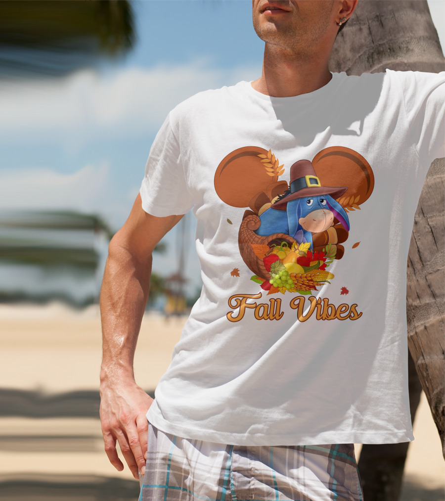 Eeyore Fall Vibes Cornucopia With Pilgrim Hat And Autumn Leaves T-Shirt