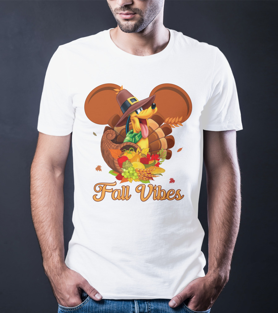Pluto Fall Vibes Thanksgiving Cornucopia And Autumn Leaves T-Shirt