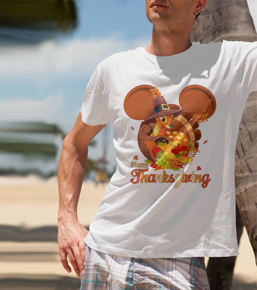 Happy Thanksgiving Bambi In Pilgrim Hat With Cornucopia And Mickey Ears T-Shirt