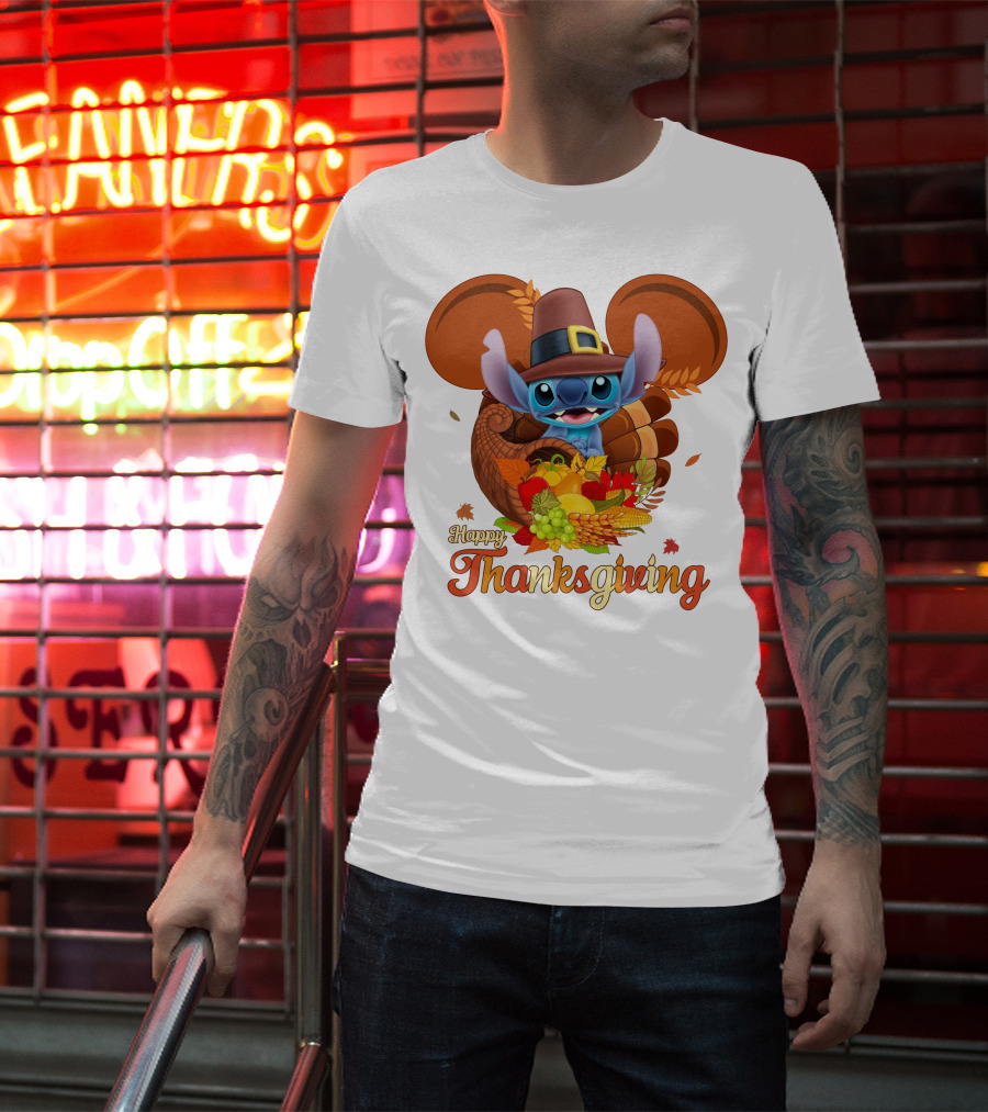 Stitch Happy Thanksgiving Cornucopia Pilgrim Hat T-Shirt
