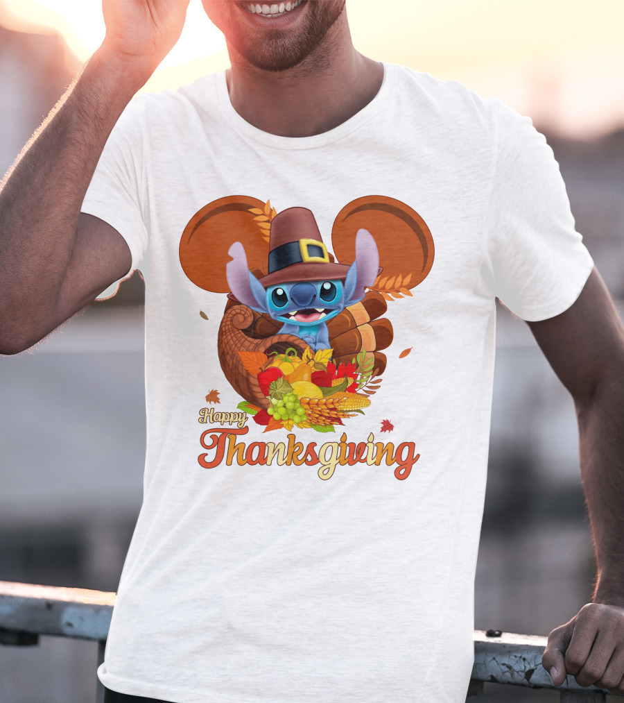 Stitch Happy Thanksgiving Cornucopia Pilgrim Hat T-Shirt