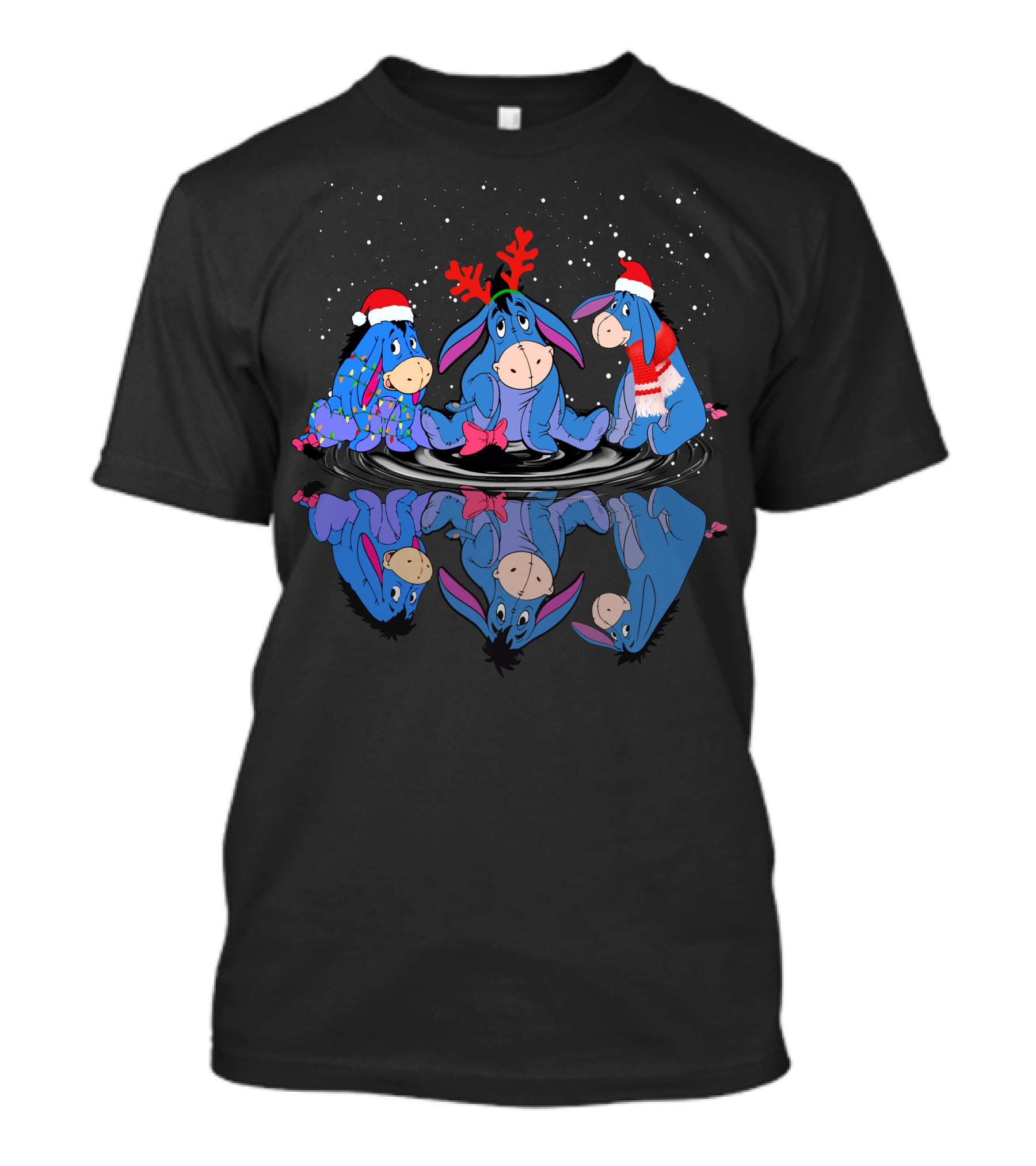 Eeyore Christmas Reflections With Santa Hats And Reindeer Antlers T-Shirt
