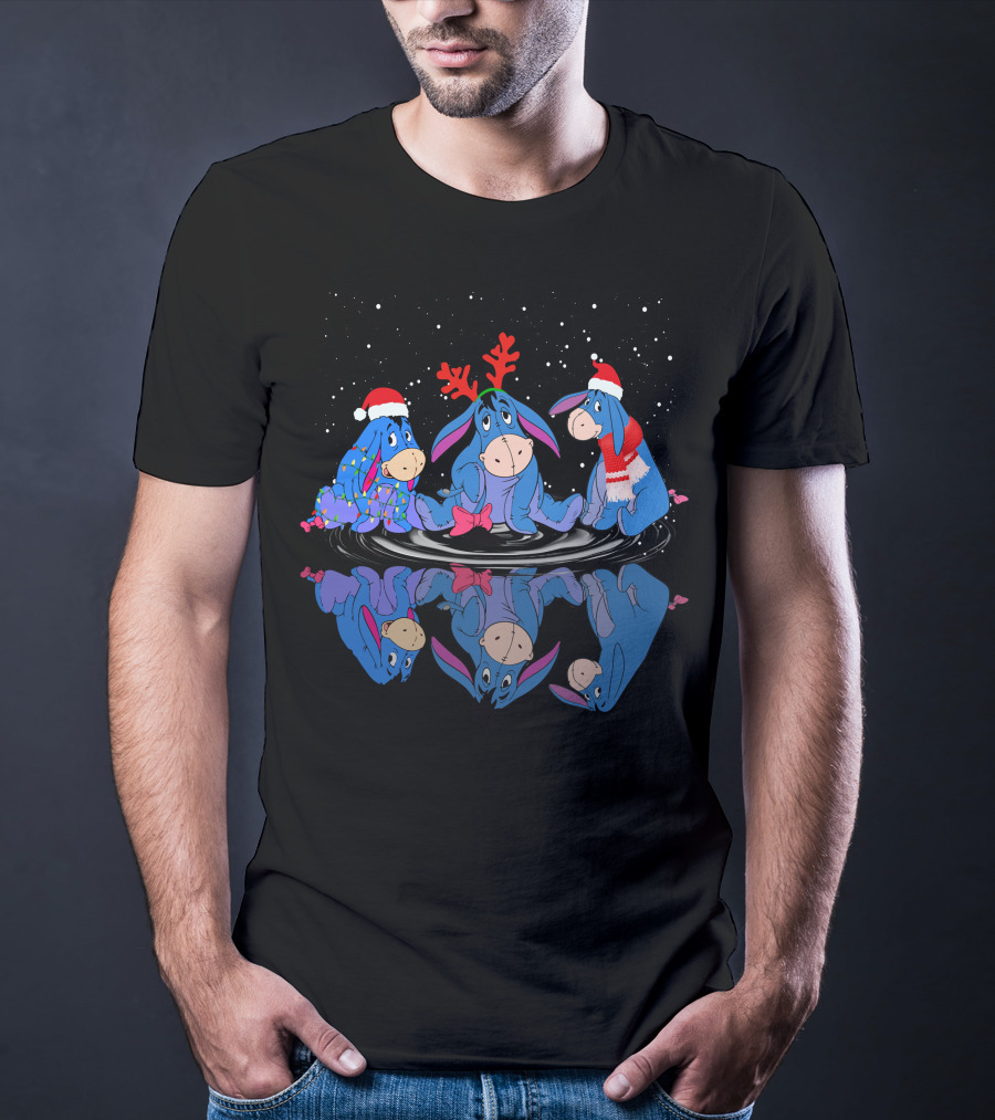 Eeyore Christmas Reflections With Santa Hats And Reindeer Antlers T-Shirt