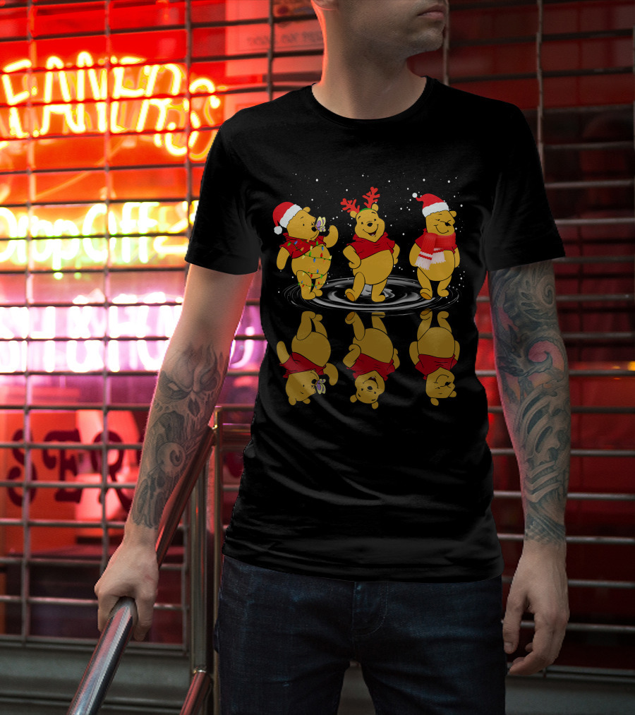 Winnie The Pooh Christmas Reflections In Holiday Hats And Scarves With Snowflakes T-Shirt