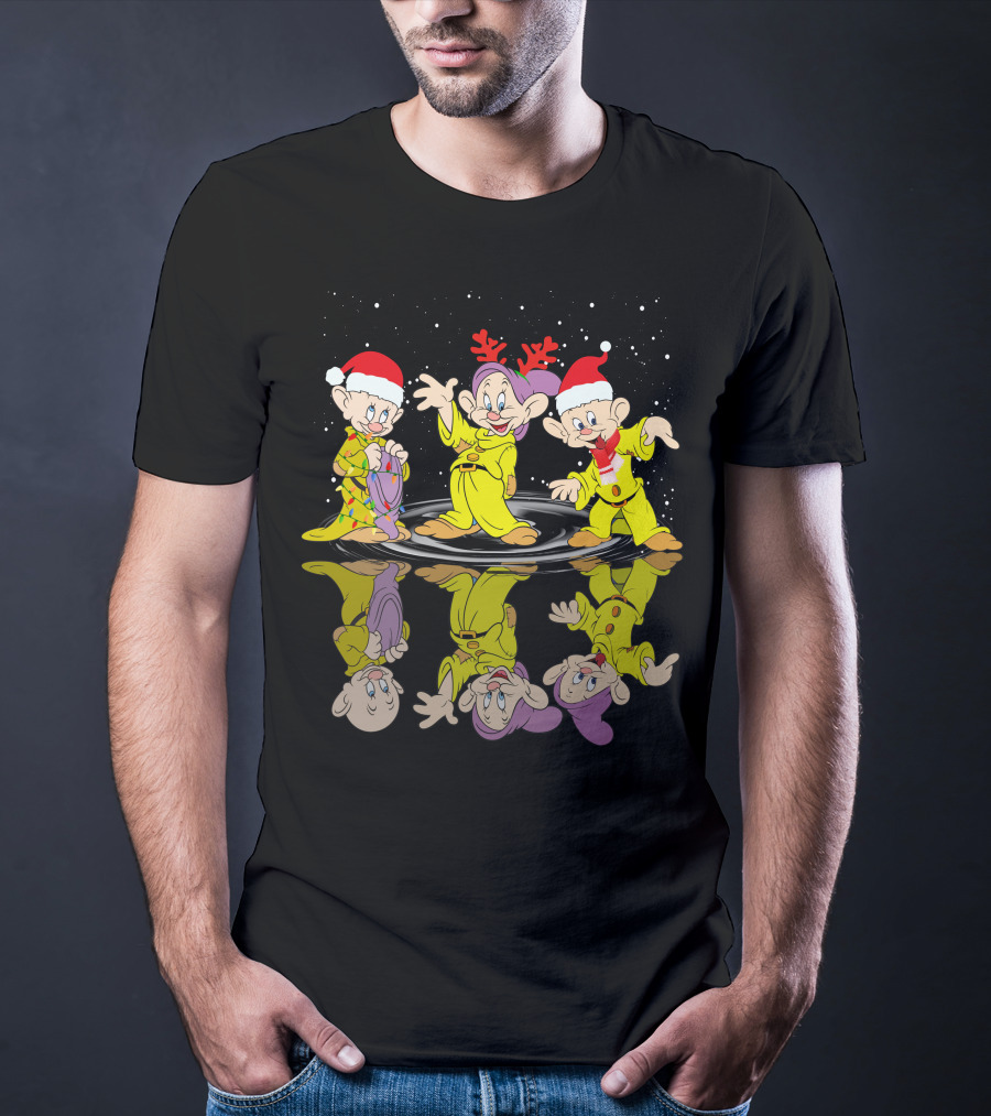Dopey Christmas Reflections With Santa Hats And Reindeer Antlers T-Shirt
