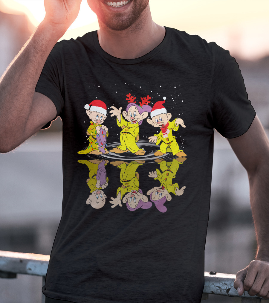 Dopey Christmas Reflections With Santa Hats And Reindeer Antlers T-Shirt