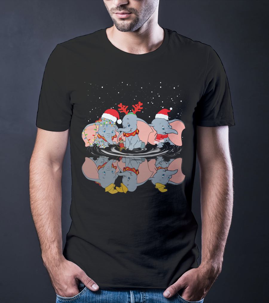 Dumbo Christmas Reflection With Santa Hat Reindeer Antlers And Holiday Lights T-Shirt