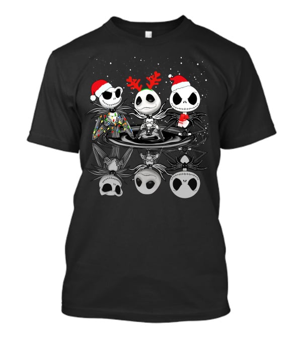 Jack Skellington Christmas Trio Santa Hats And Antlers Snow Scene T-Shirt