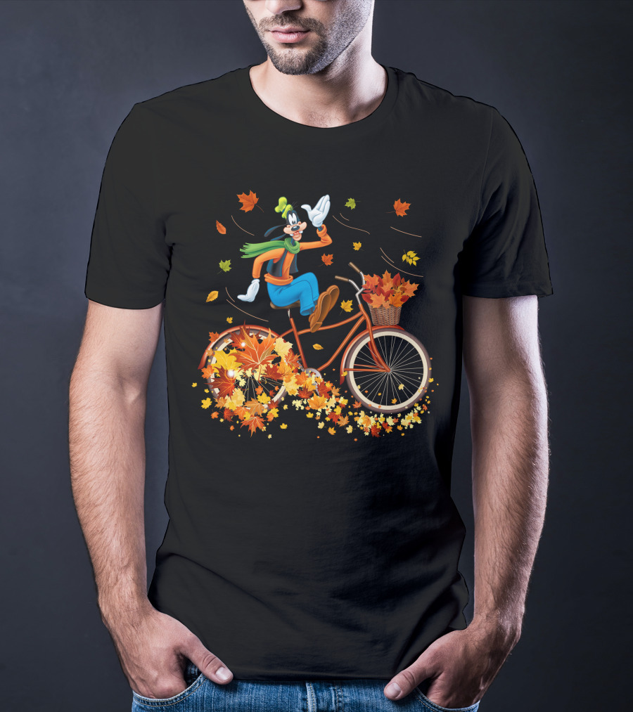 Goofy Autumn Bicycle Ride With Falling Leaves T-Shirt