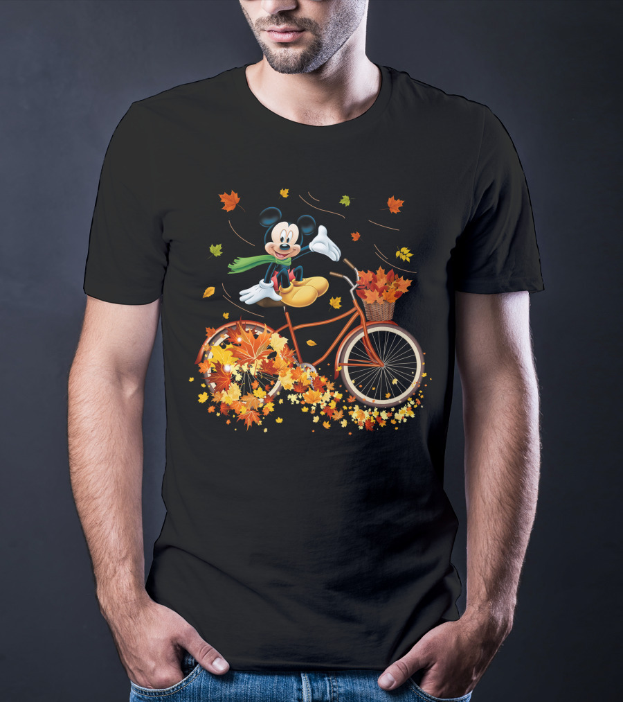 Mickey Mouse Autumn Leaves Bicycle Ride With Basket T-Shirt