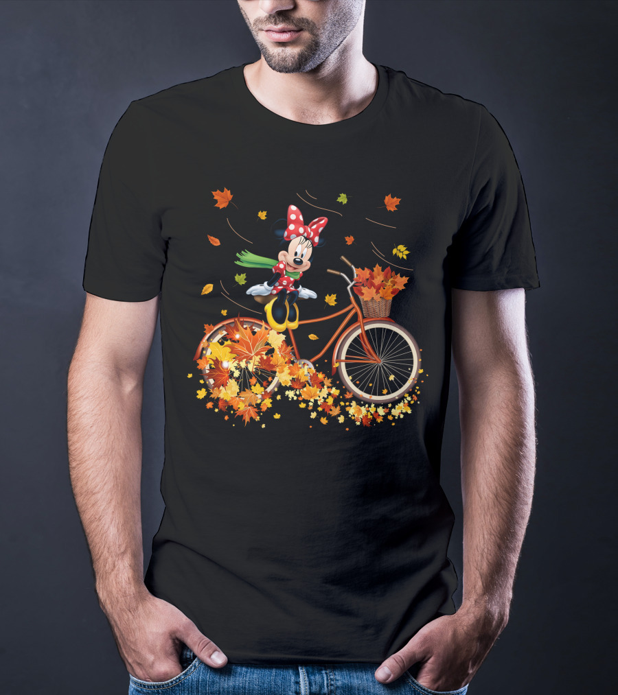 Minnie Mouse Autumn Bicycle Ride With Falling Leaves T-Shirt