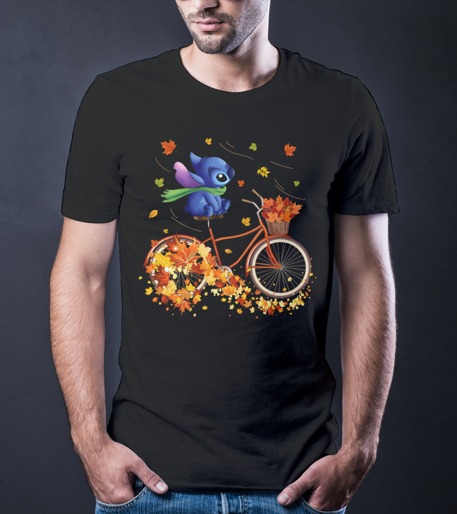 Stitch Autumn Bicycle Ride With Falling Leaves T-Shirt