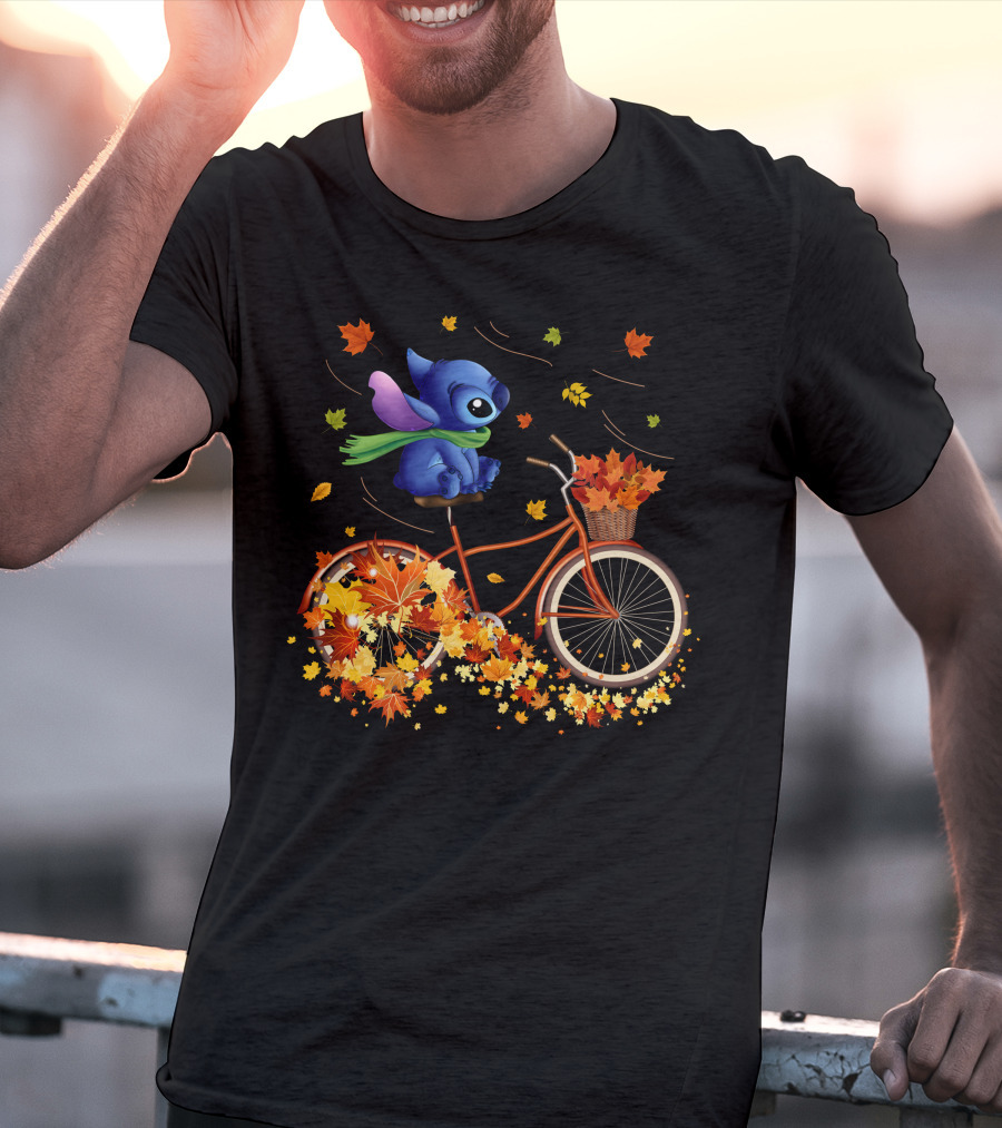 Stitch Autumn Bicycle Ride With Falling Leaves T-Shirt