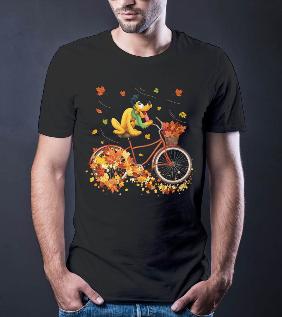 Pluto Autumn Bicycle Adventure With Falling Leaves T-Shirt