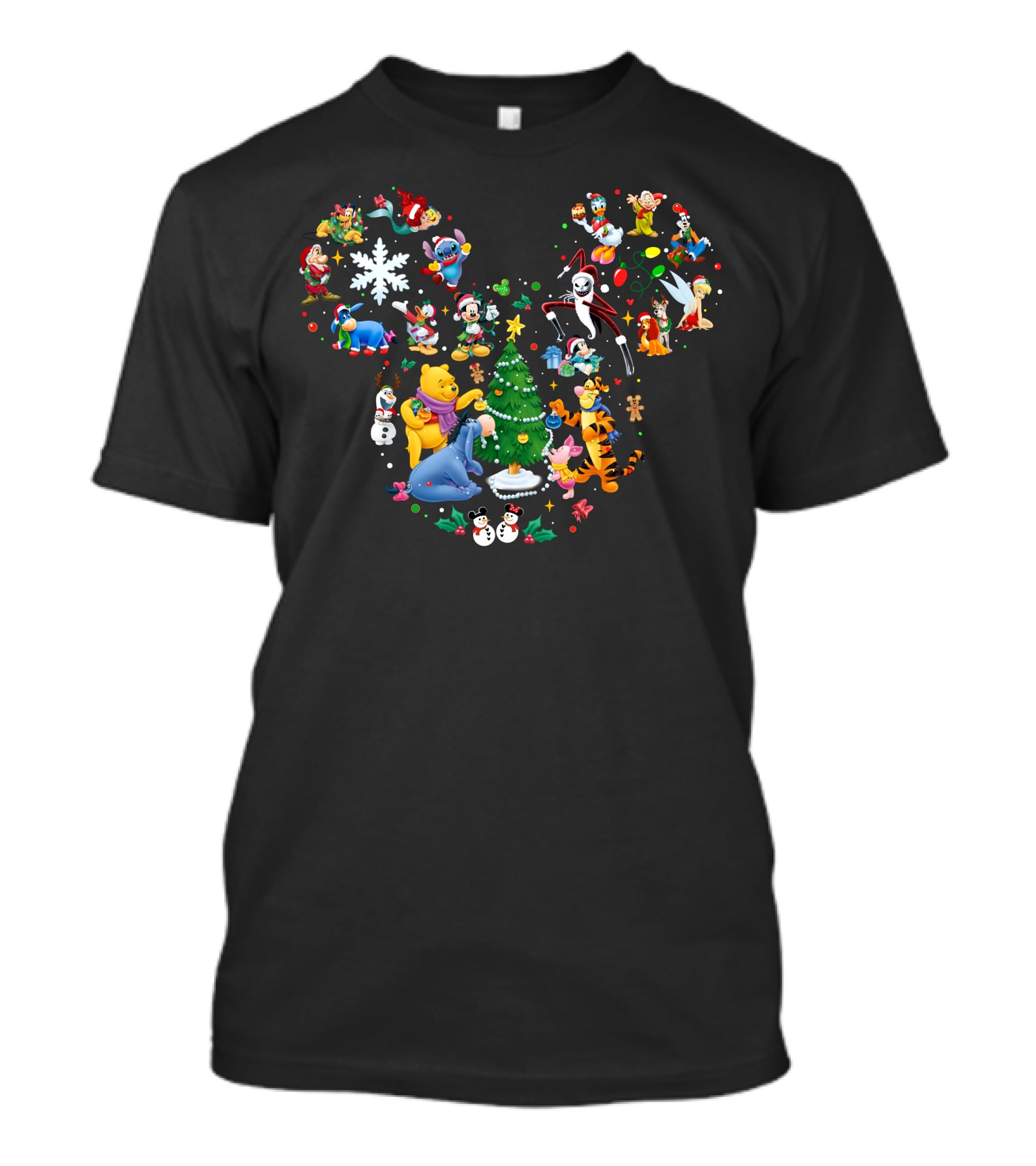 Disney Christmas Mickey Mouse Winnie The Pooh Tigger Stitch Olaf Jack Skellington Tinker Bell Ensemble T-Shirt