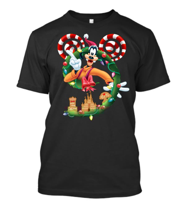 Goofy Christmas Wreath With Candy Canes And Gingerbread Castles T-Shirt