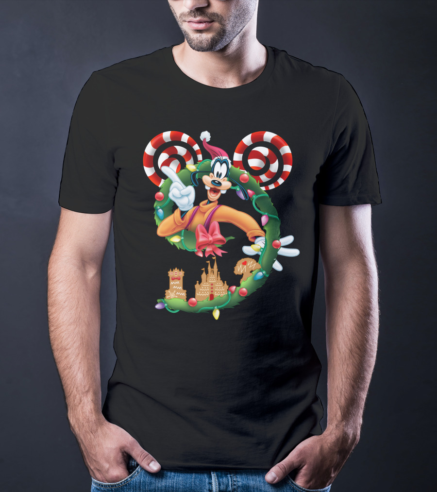 Goofy Christmas Wreath With Candy Canes And Gingerbread Castles T-Shirt