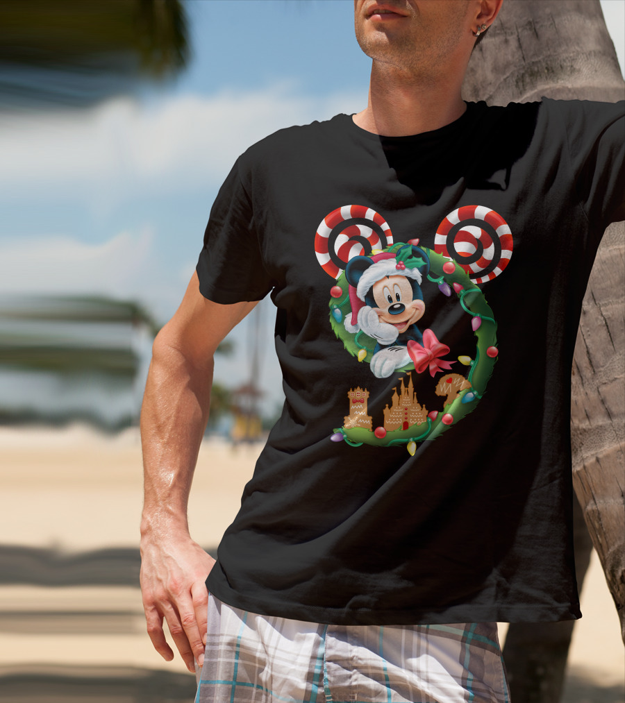 Mickey Mouse Christmas Holiday Wreath Candy Cane Ear Gingerbread House T-Shirt