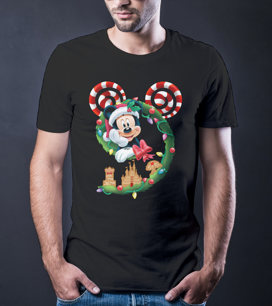 Mickey Mouse Christmas Holiday Wreath Candy Cane Ear Gingerbread House T-Shirt