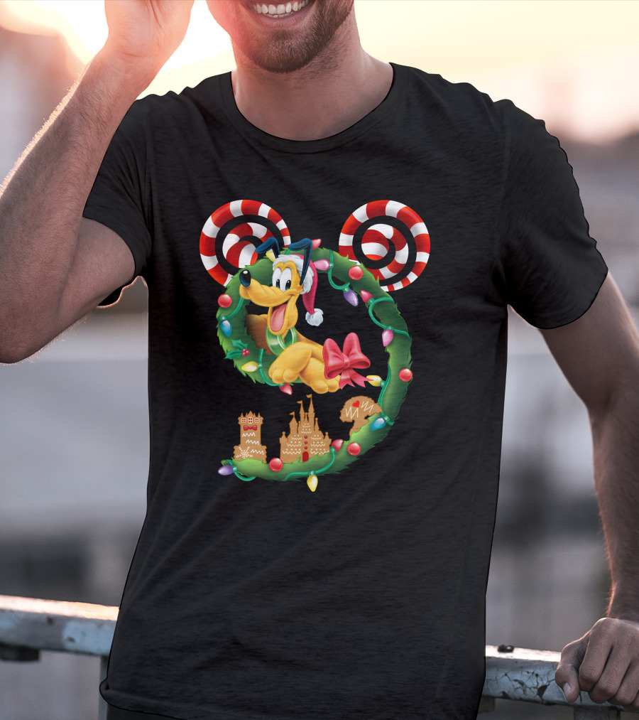 Pluto Holiday Wreath With Candy Canes And Gingerbread Castle T-Shirt