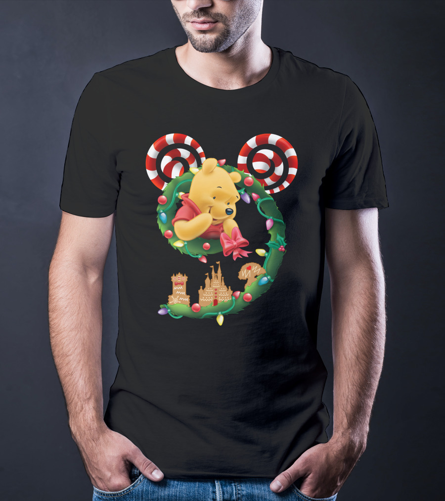 Winnie Pooh Christmas Wreath With Candy Canes And Holiday Castle Cookies T-Shirt
