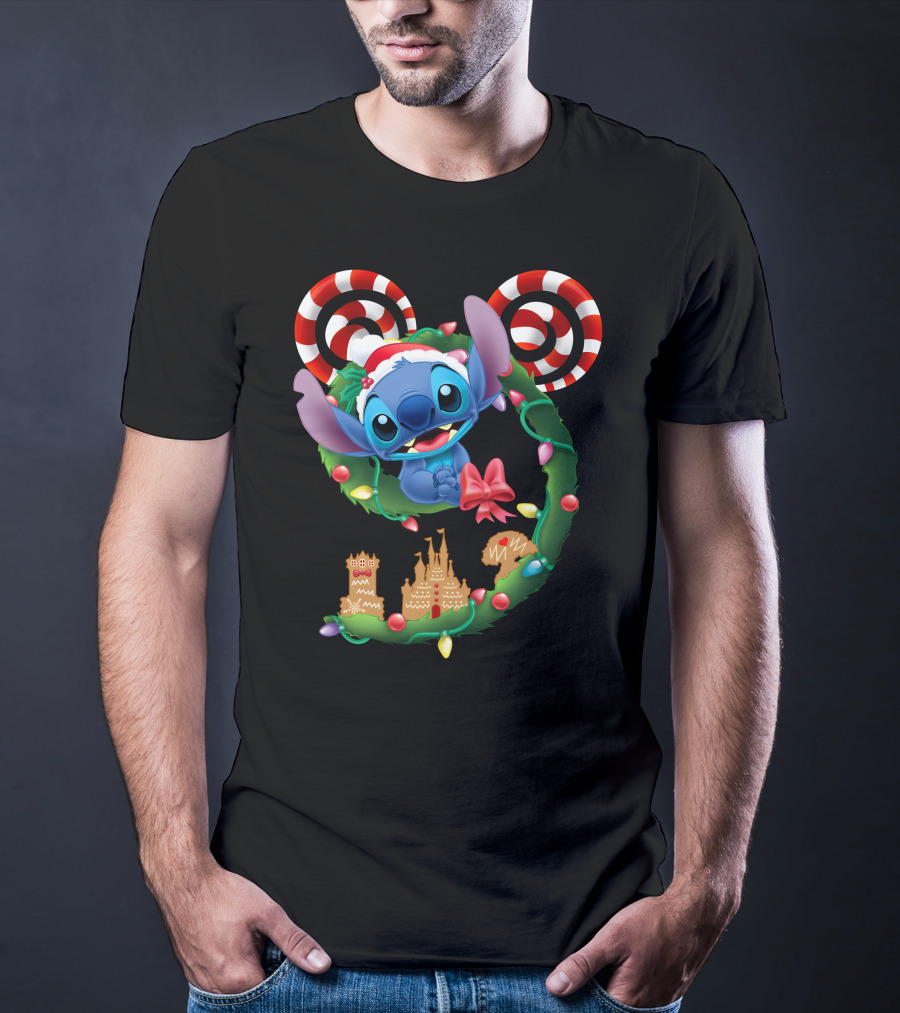 Stitch Christmas Wreath With Candy Canes And Gingerbread Castle T-Shirt