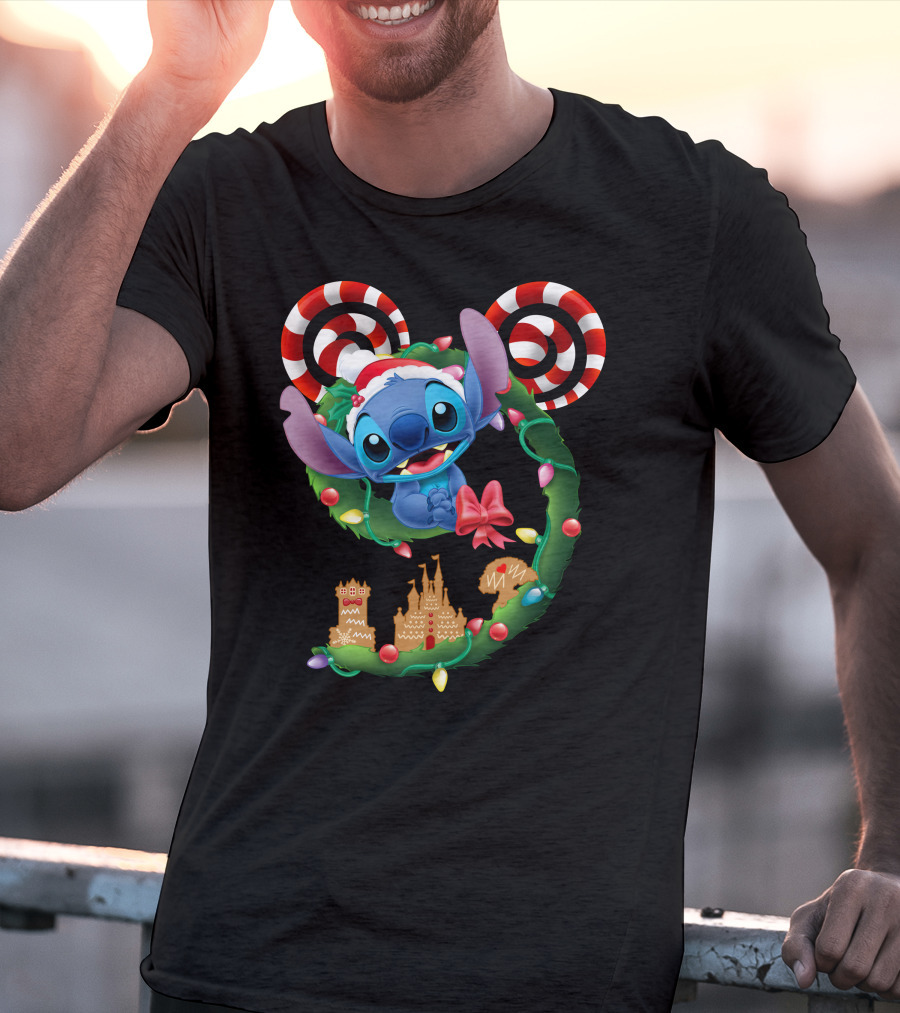 Stitch Christmas Wreath With Candy Canes And Gingerbread Castle T-Shirt