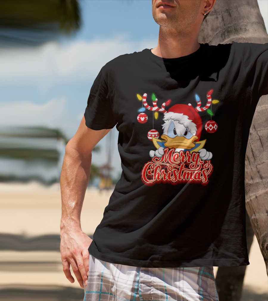 Merry Christmas Donald Wearing Santa Hat And Reindeer Antlers T-Shirt