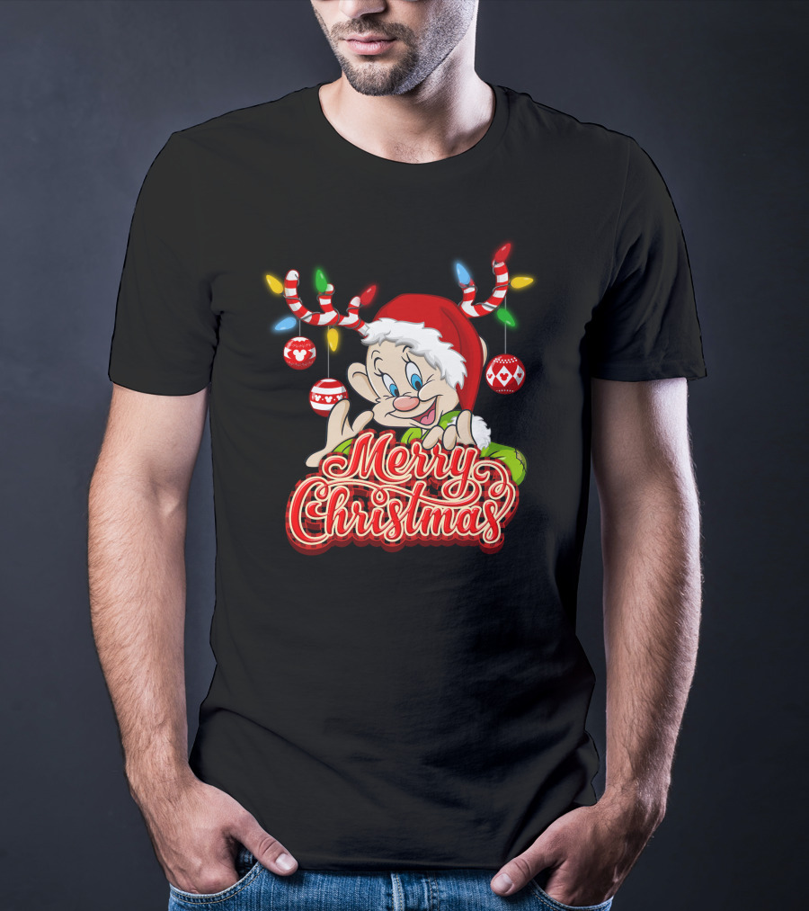 Merry Christmas Dopey Reindeer Antlers And Santa Hat With Christmas Ornaments T-Shirt
