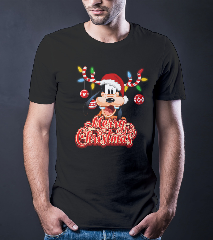 Merry Christmas Goofy Santa Hat Lights Antlers T-Shirt